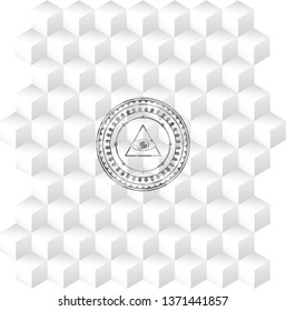 illuminati pyramid icon inside grey icon or emblem with geometric cube white background