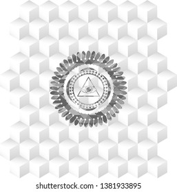 illuminati pyramid icon inside grey emblem with geometric cube white background