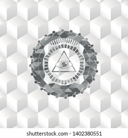 illuminati pyramid icon inside grey badge with geometric cube white background
