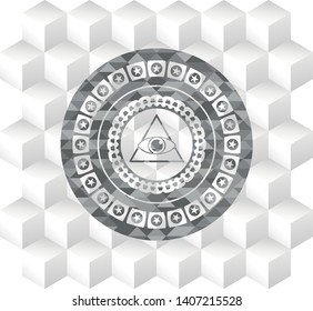 illuminati pyramid icon inside grey emblem. Retro with geometric cube white background