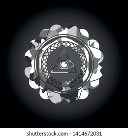illuminati pyramid icon inside grey camouflaged emblem
