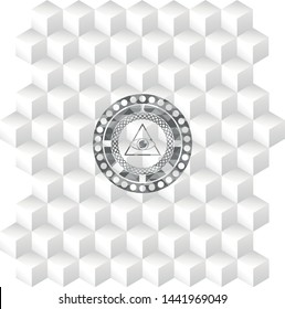 illuminati pyramid icon inside grey icon or emblem with geometric cube white background