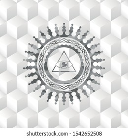 illuminati pyramid icon inside grey emblem. Retro with geometric cube white background