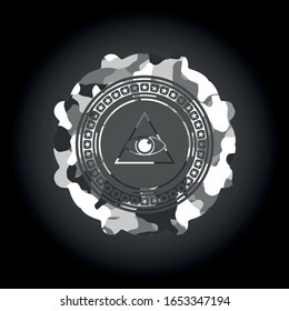 illuminati pyramid icon inside grey camouflaged emblem