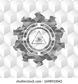 illuminati pyramid icon inside grey icon or emblem with geometric cube white background