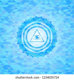 illuminati pyramid icon inside light blue emblem with mosaic background