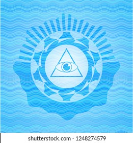 illuminati pyramid icon inside light blue water wave style emblem.