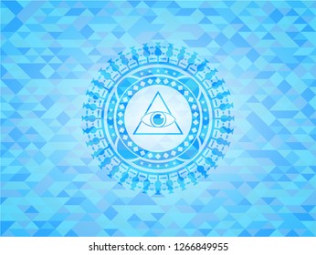 illuminati pyramid icon inside light blue emblem with mosaic ecological style background