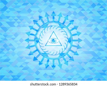 illuminati pyramid icon inside light blue mosaic emblem