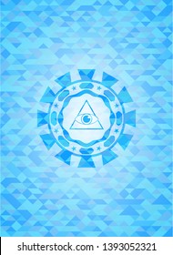 illuminati pyramid icon inside light blue emblem with triangle mosaic background