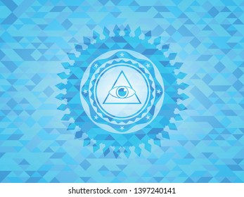 illuminati pyramid icon inside light blue emblem with triangle mosaic background