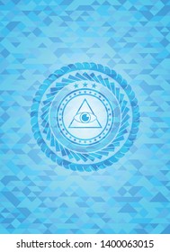 illuminati pyramid icon inside light blue emblem. Mosaic background