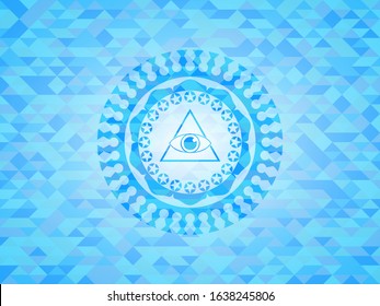 illuminati pyramid icon inside light blue emblem with triangle mosaic background