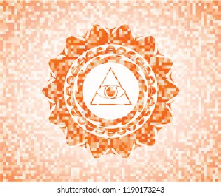 illuminati pyramid icon inside orange mosaic emblem with background