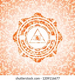 illuminati pyramid icon inside orange tile background illustration. Square geometric mosaic seamless pattern with emblem inside.