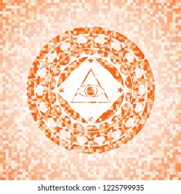 illuminati pyramid icon inside orange tile background illustration. Square geometric mosaic seamless pattern with emblem inside.