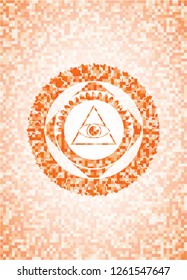 illuminati pyramid icon inside orange mosaic emblem with background