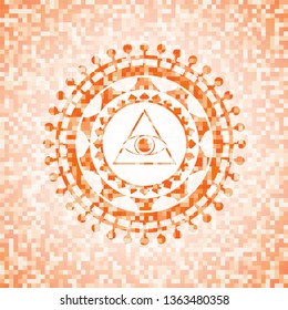 illuminati pyramid icon inside orange tile background illustration. Square geometric mosaic seamless pattern with emblem inside.