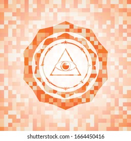 illuminati pyramid icon inside orange mosaic emblem with background