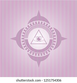 illuminati pyramid icon inside pink emblem. Vintage.