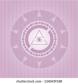 illuminati pyramid icon inside pink emblem. Retro