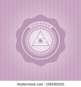 illuminati pyramid icon inside pink emblem. Retro