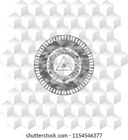 illuminati pyramid icon inside realistic grey emblem with geometric cube white background