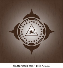 illuminati pyramid icon inside realistic wooden emblem