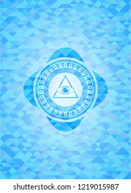 illuminati pyramid icon inside realistic sky blue mosaic emblem