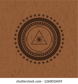 illuminati pyramid icon inside realistic wood emblem