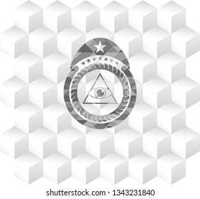 illuminati pyramid icon inside realistic grey emblem with geometric cube white background