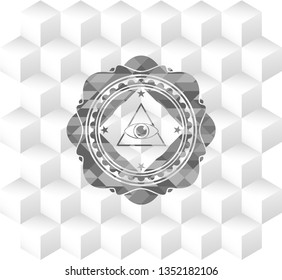 illuminati pyramid icon inside realistic grey emblem with geometric cube white background