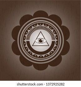 illuminati pyramid icon inside realistic wooden emblem