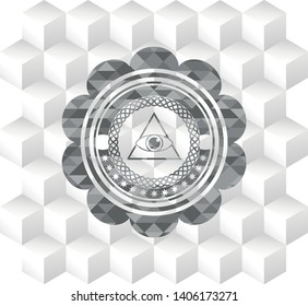 illuminati pyramid icon inside realistic grey emblem with geometric cube white background