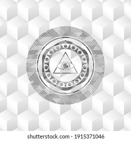 icono de la pirámide illuminati dentro de un emblema gris realista con fondo blanco cubo. 