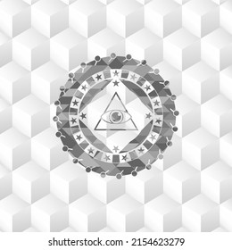 illuminati pyramid icon inside realistic grey emblem with cube white background. 