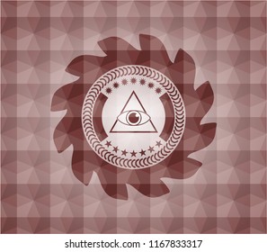 illuminati pyramid icon inside red emblem with geometric pattern background. Seamless.