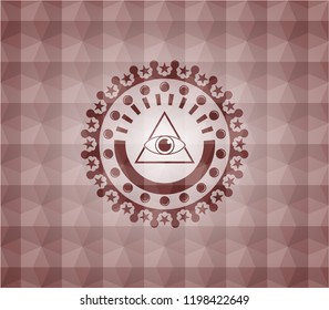 illuminati pyramid icon inside red geometric pattern emblem. Seamless.
