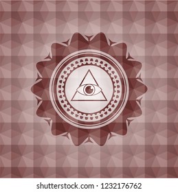 illuminati pyramid icon inside red geometric pattern emblem. Seamless.