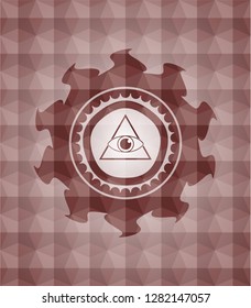 illuminati pyramid icon inside red seamless badge with geometric pattern.