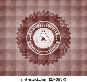 illuminati pyramid icon inside red geometric badge. Seamless.