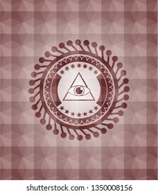 illuminati pyramid icon inside red seamless emblem or badge with geometric pattern background.
