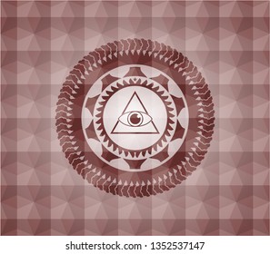 illuminati pyramid icon inside red seamless geometric pattern emblem. Seamless.