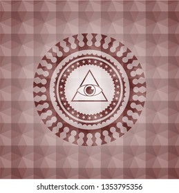 illuminati pyramid icon inside red seamless emblem or badge with abstract geometric polygonal pattern background.