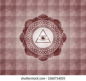 illuminati pyramid icon inside red seamless emblem or badge with abstract geometric pattern background.