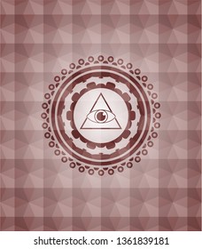 illuminati pyramid icon inside red seamless geometric badge.