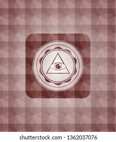 illuminati pyramid icon inside red badge with geometric pattern background. Seamless.