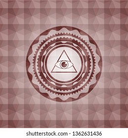 illuminati pyramid icon inside red emblem or badge with abstract geometric polygonal pattern background.