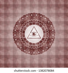 illuminati pyramid icon inside red emblem with geometric background. 