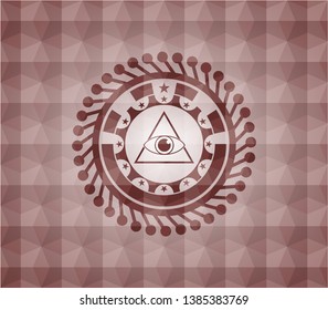 illuminati pyramid icon inside red seamless badge with geometric pattern.
